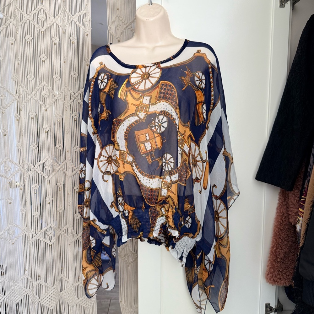 Ceres Silk-Blend Printed Blouse in Navy, White & Gold
